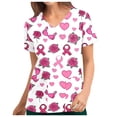 thumbnail image 2 of Feancey Women Breast Cancer Awareness Scrubs Pink Floral Print V Neck Nursing Tops Short Sleeve Casual Ribbon Graphic Tees Nurse Working Uniforms Pink M, 2 of 5