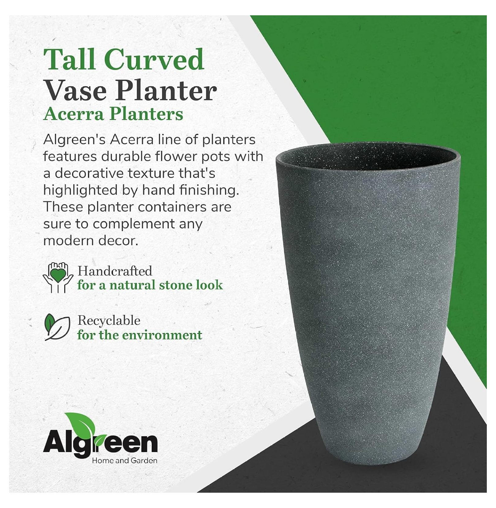 Algreen 43229 Curved Tall Vase Planter, Weathered Grey - Modern Flower Pot for Indoor/Outdoor Use - Durable Stone & Resin Composite - UV Resistant
