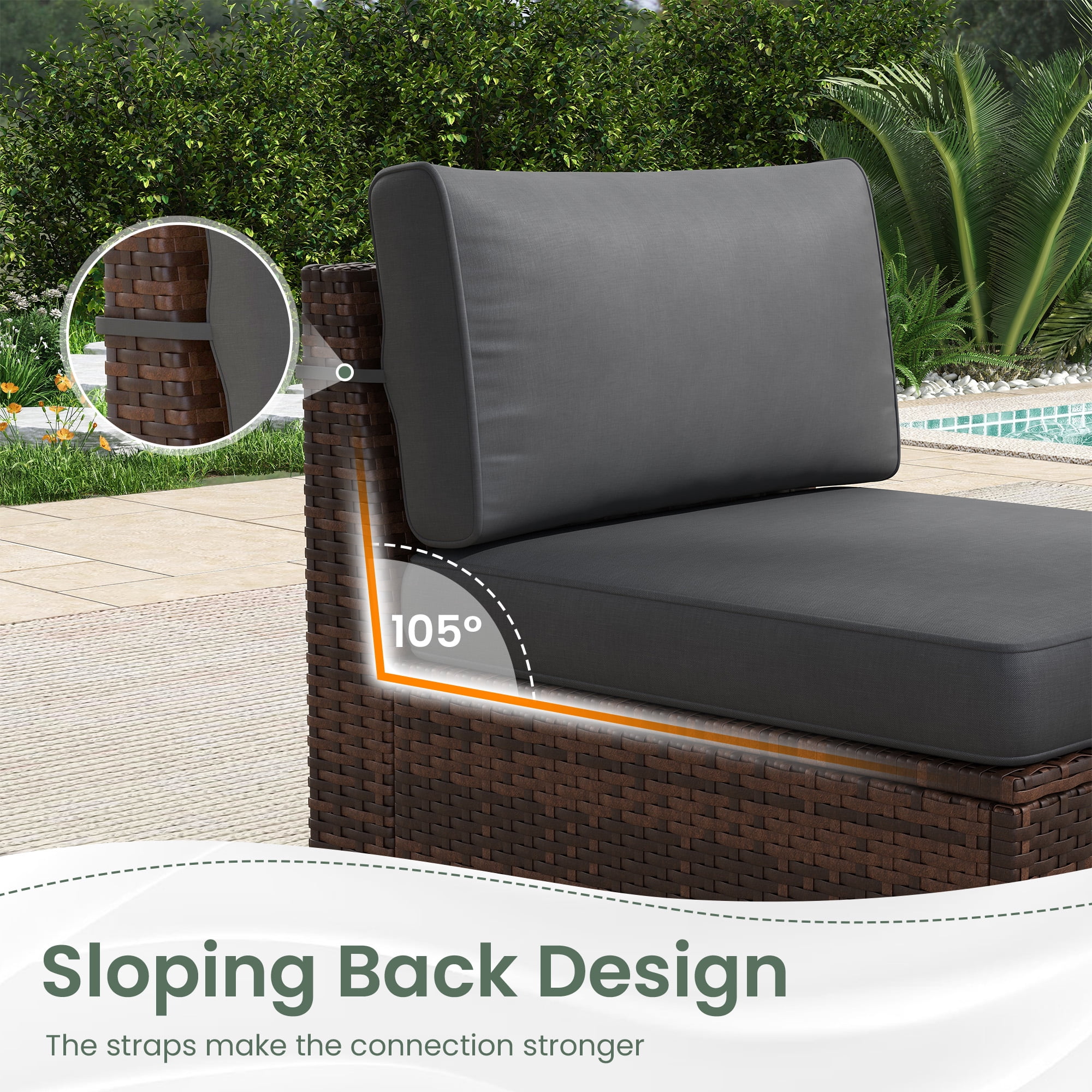 Poteban 8 Pieces Outdoor Patio Furniture Set with 44" Fire Pit Table, Brown Wicker Rattan Sectional Sofa with Cushions and Glass Coffee Table for Backyard Garden, Dark Gray