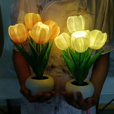 

Sarkoyar Night Light Tulip Flowerpot Lamp Realistic Looking Battery Powered High Brightness Multiple Heads Glare Free Decorative Ceramic Artificial Flowerpot Tulip Potted Plant LED Night Lamp for Home