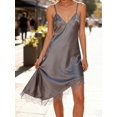thumbnail image 6 of Grey Satin Slip Dress With Asymmetrical Lace Trim V-Neck Sleeveless Spaghetti Strap Cami, 6 of 8