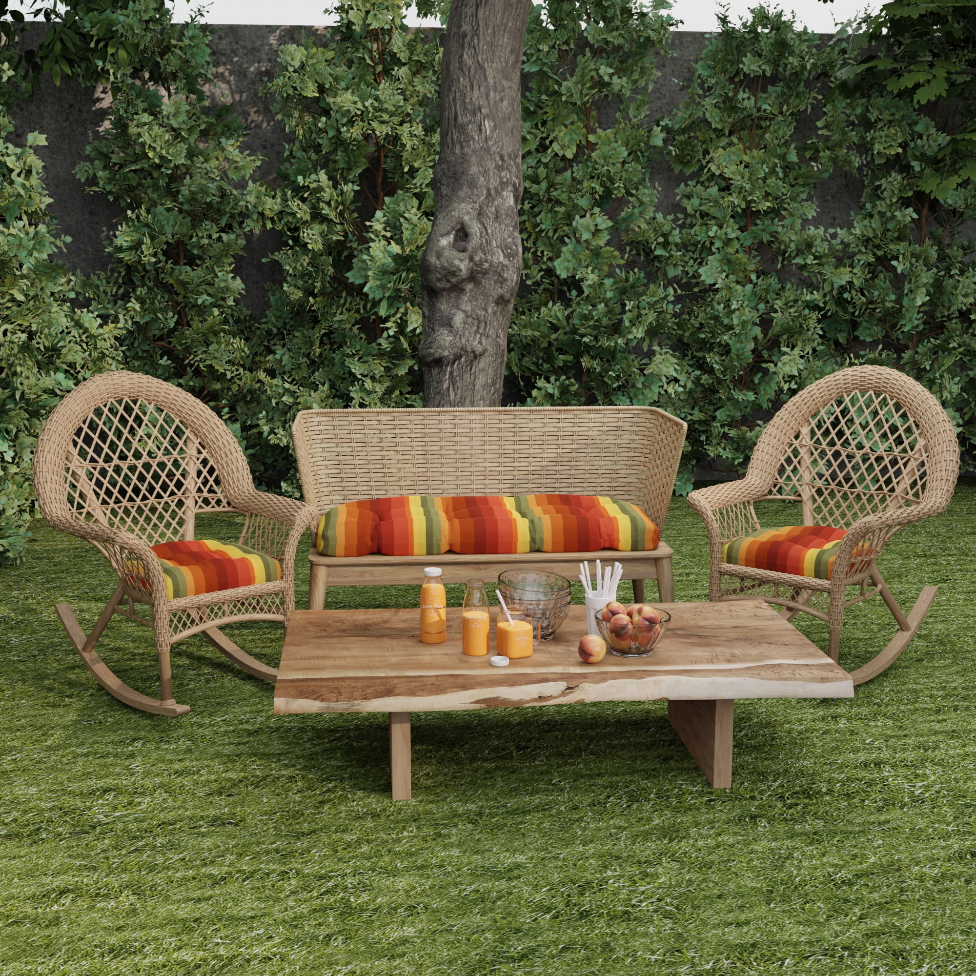 Jordan Manufacturing 3-Piece Islip Cayenne Maroon Stripe Tufted Outdoor Cushion Set with 2 Wicker Seat Cushions and 1 Wicker Bench Cushion