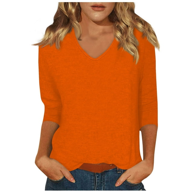 DENGDENG Ladies 3/4 Sleeve T Shirts V Neck Summer Tops Plus Size Casual Elbow Tunic Tops Solid Color Three Quarter Length Blouse Boho Spring Pullover Top Orange L