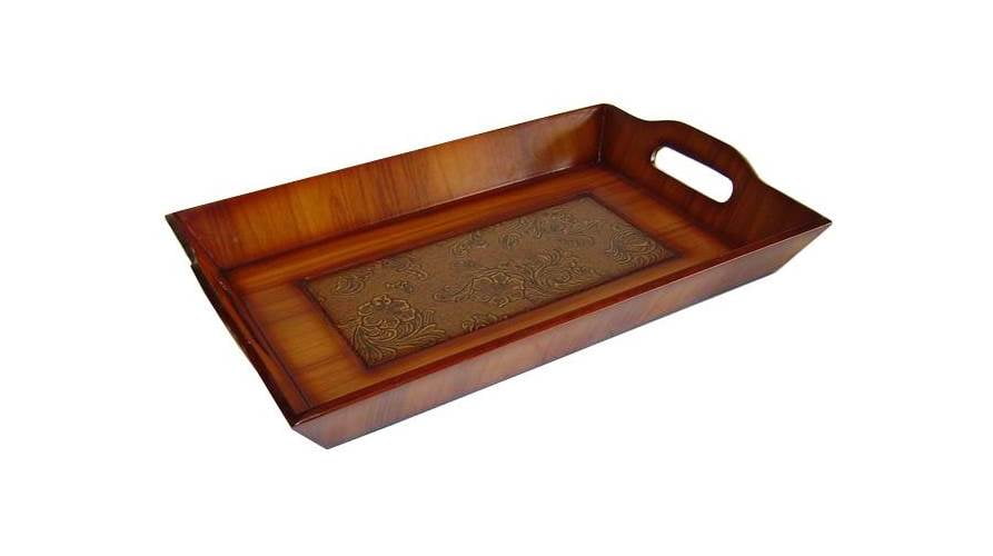 Wooden Rectangular Tray w Floral Designs in Brown