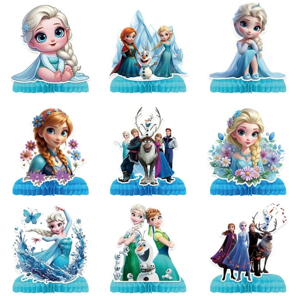 9 Pcs Cute Party Decorations, Cartoon Honeycomb Centerpieces for Frozen Birthday Party, 3D Table Decorations Party Supplies