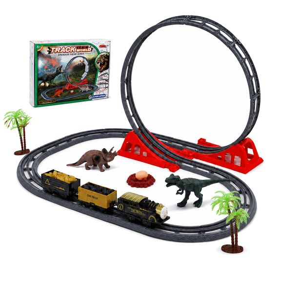 Dinosaur Track Toy Set for Kids Ages 3 , Electric Track Car with Rechargeable Battery, Flexible DIY Track, Dinosaur Figures, STEM Construction Toy Gift for Boys & Girls