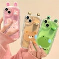 thumbnail image 2 of Cute Cartoon 3D Transparent Pink Rabbit Green Frog Brown Bear Wavy Border Phone Case for IPhone 15 14 13 12 11 ProMax Soft Cover (Green frog,iPhone12PRO), 2 of 7
