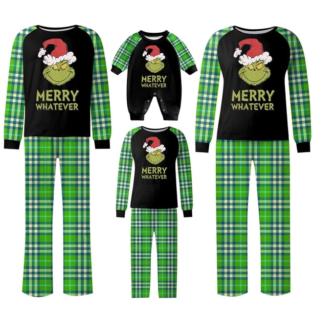 Conjuntos de pijamas navideños familiares a juego Grinch 2024, pijama de Grinch con parte superior y pantalones de pijama a cuadros, pijama de Grinch para niños y adultos para la familia, Mujer XXXL