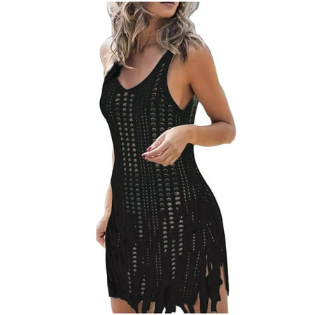 Lovskoo 2024 Beach Swimsuit Cover Up Women Crochet Bikini Coverups Sleeveless Solid Color V Neck Loose Bikini Bathing Suit Swimwear Tassel Dress Black 2XL