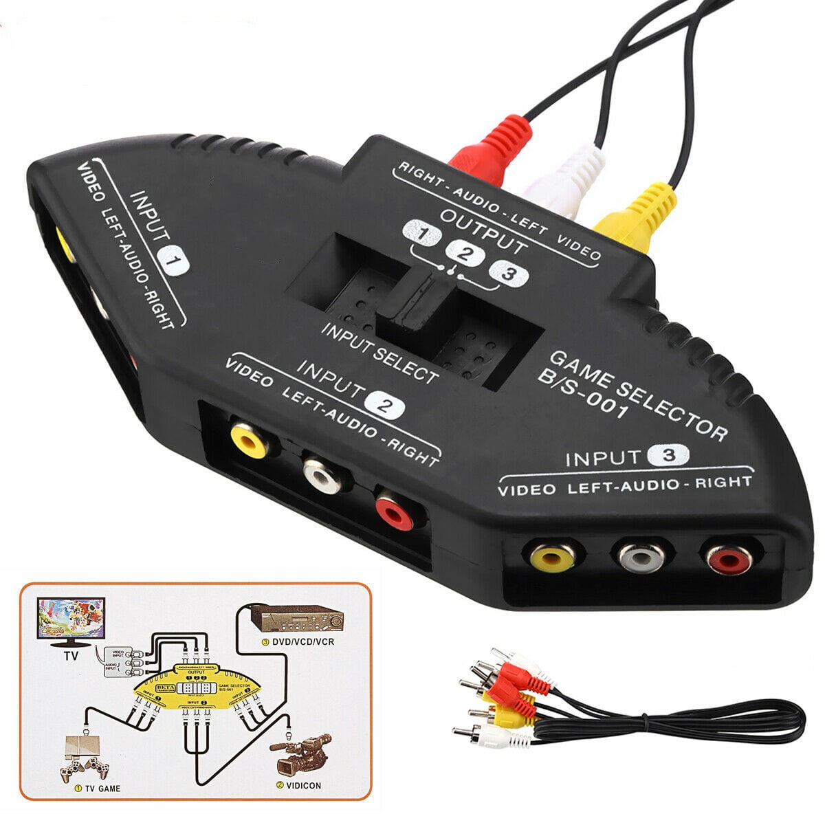 RCA Splitter with 3Input and 1Output, Audio and Video RCA Switch Box