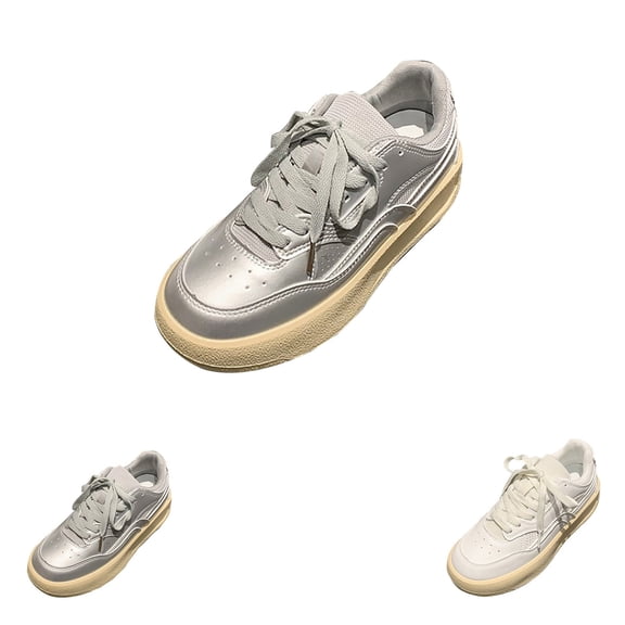 AUDeals Women's Platform Sneakers, Retro Leather Shoes with Gum Sole Comfort for Walking and Casual Tennis Wear (Grey, 7.5)