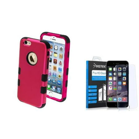 Insten Hybrid 3-Layer Protective Hard PC Outer/Silicone Inner Case for iPhone 6 6s - Pink/Black (+ Tempered Glass Screen