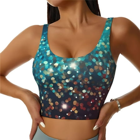 Qokaie Colorful Rainbow Glitter Pattern Womens Scoop Neck Sports Bra Breathable Workout Vest Padded U Back Medium Impact Fitness Gym Yoga Bra Workout Crop Top-Large