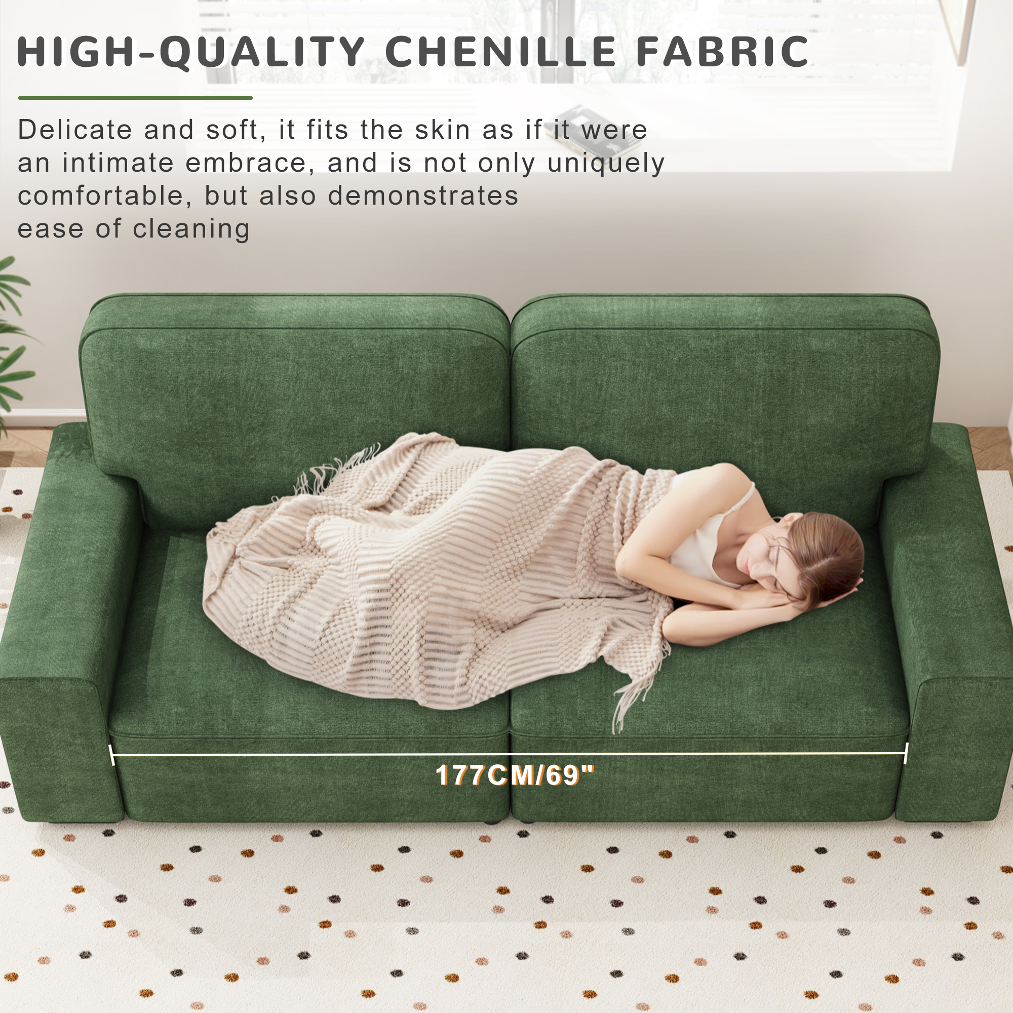 AAQZ 87" Comfy Sofa for Living Room, 3 Seater Chenille Fabric Couch for Small Space, Green