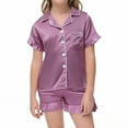 thumbnail image 2 of Kids Girls Silk Pajamas Set Plain Color 2 Piece Short Sleeve Button-Down Nightwear with Shorts Set Girls Summer Pajamas Clothes for Girls 7-8 Years, 2 of 9