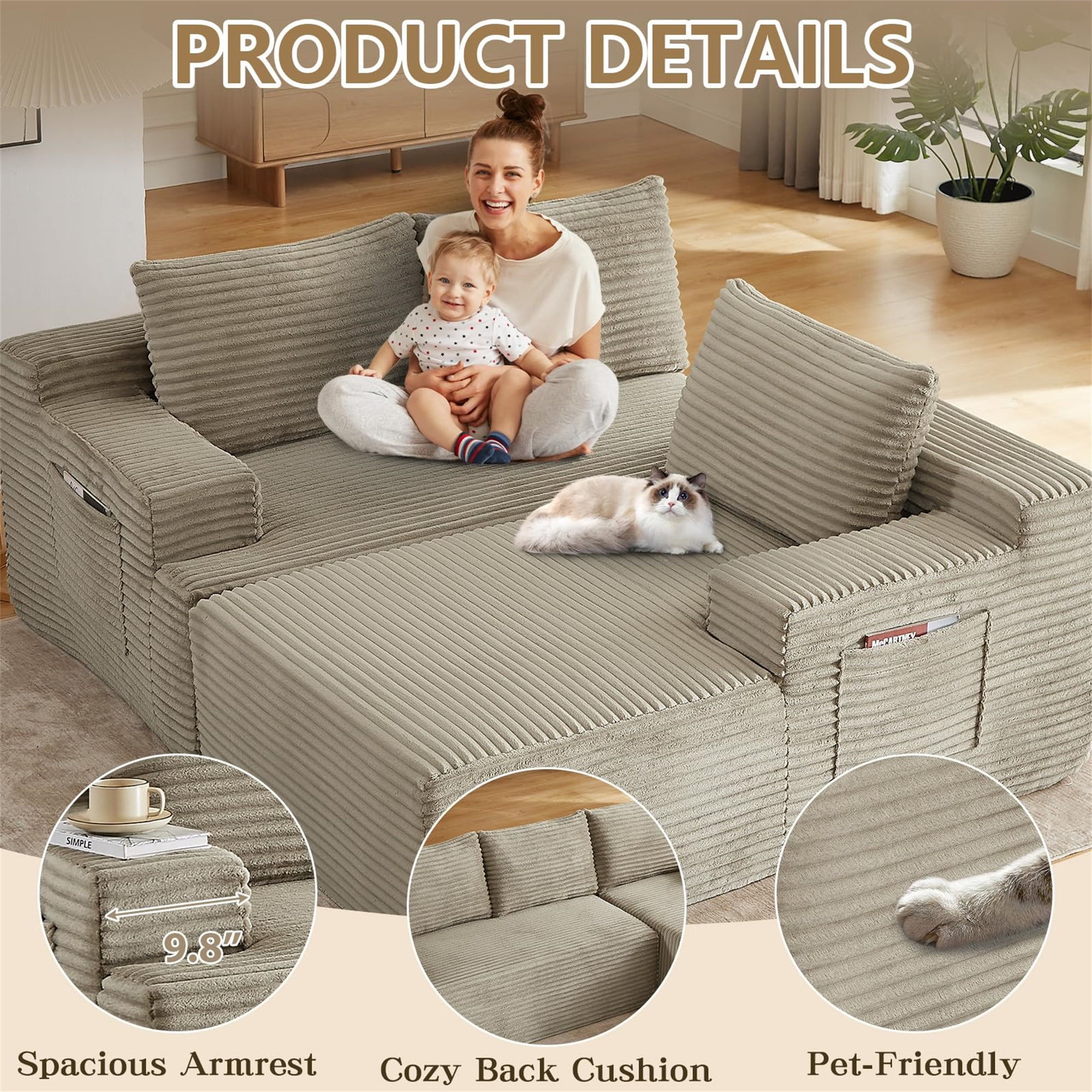 Aukfa 95" Cloud Sectional Sofa Boneless Couch Modular Sofa Bed for Living Room, 2 Side Pockets, Right Chaise, Camel