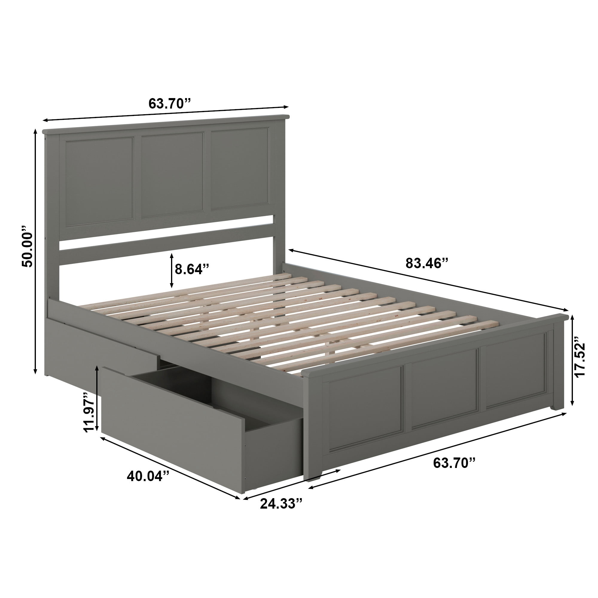 AFI Madison Queen Platform Bed with Matching Footboard and Storage Drawers, Grey