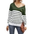 thumbnail image 1 of QELUSQELUS Women Long Sleeve V Neck Stripe Stitching Outwear Sweater Top, 1 of 4
