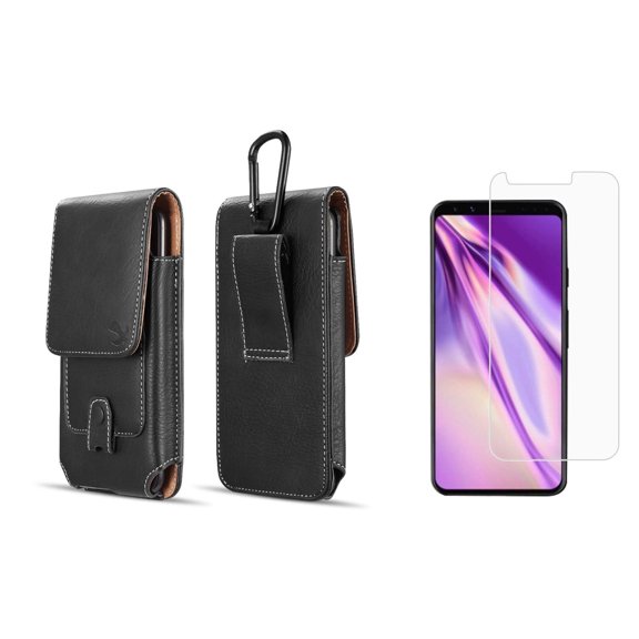 Luxmo Vertical Belt Holster Carrying Case with Card Slots (Black) for Google Pixel 4 with Tempered Glass Screen Protector and Atom Cloth
