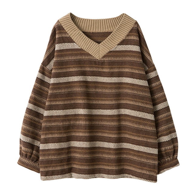 Pulls Tricotés pour Femmes Décontracté Col en V Rayé Pull-Over Automne-Hiver Rétro Pull Harajuku Ample Surdimensionné