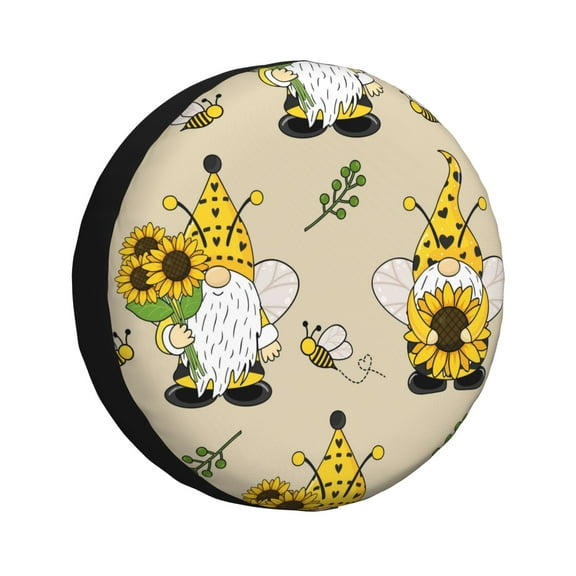 Fuzoiu Gnomes Bees And Sunflowers Print Universal Spare Tire Cover with Buckle Strap, Waterproof Wheel Covers for Jeep, Trailer, RV, Truck and All Car-14 inch