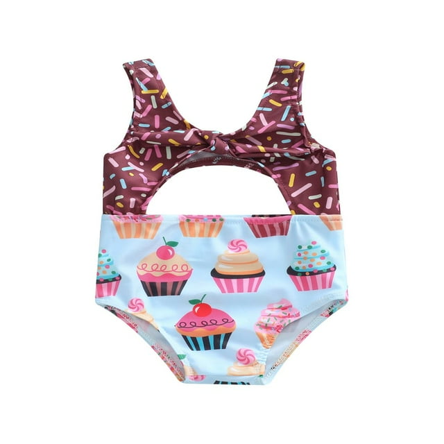 Maillots de Bain une-Pièce pour Bébés Filles, Imprimé Biscuit/gâteau, Sans Manches