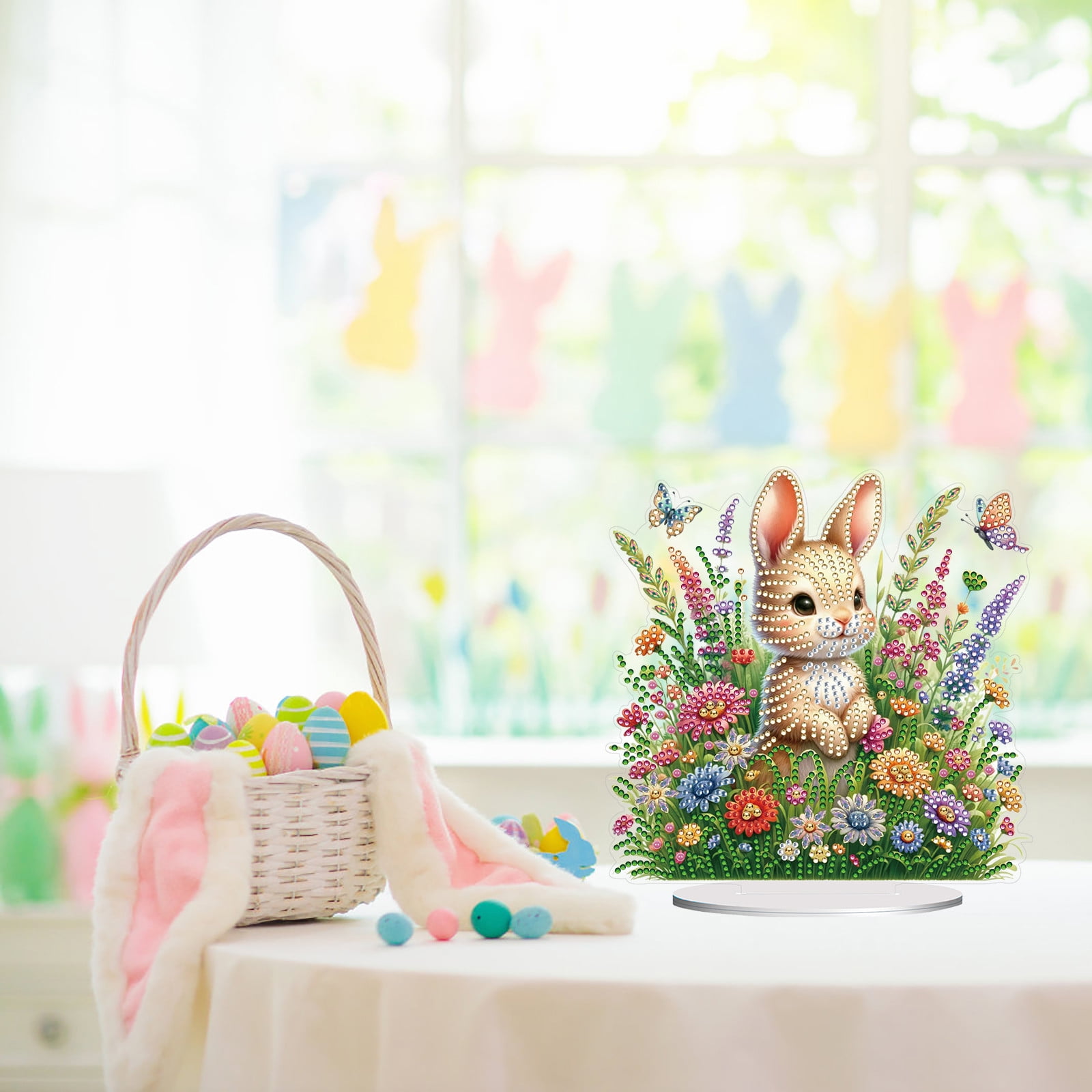 FLOPESN 4Pcs DIY Diamond Art Painting Easter Bunny Ornament Kits with Oval Base, Single-Sided Diamond Painting PET Craft for Home Decor