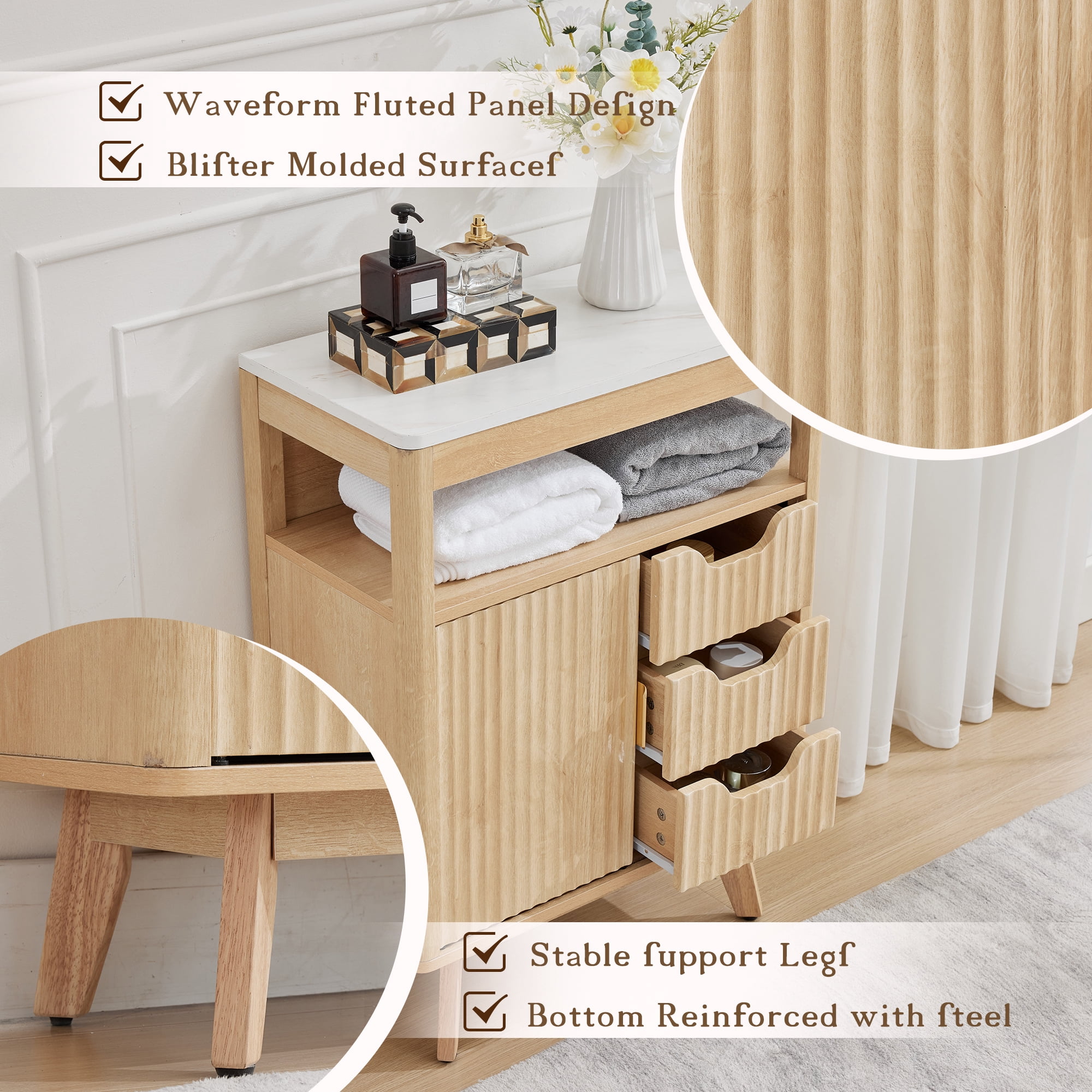 Magic Union Bathroom Storage Cabinet with Fluted Sliding Door, 3 Drawers Bathroom Floor Cabinet, Freestanding Storage Organizer w/Adjustable Shelf, Faux Marble Top, Curved Profile Design Natural Oak
