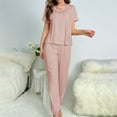 thumbnail image 4 of VISALY Womens Pajama Sets Matching Pajama Set Sleepwear Comfy Lounge Set Soft Short Sleeve Round Neck Top Loose Pajama Pants Long Jogger Bottom Pink S, 4 of 7