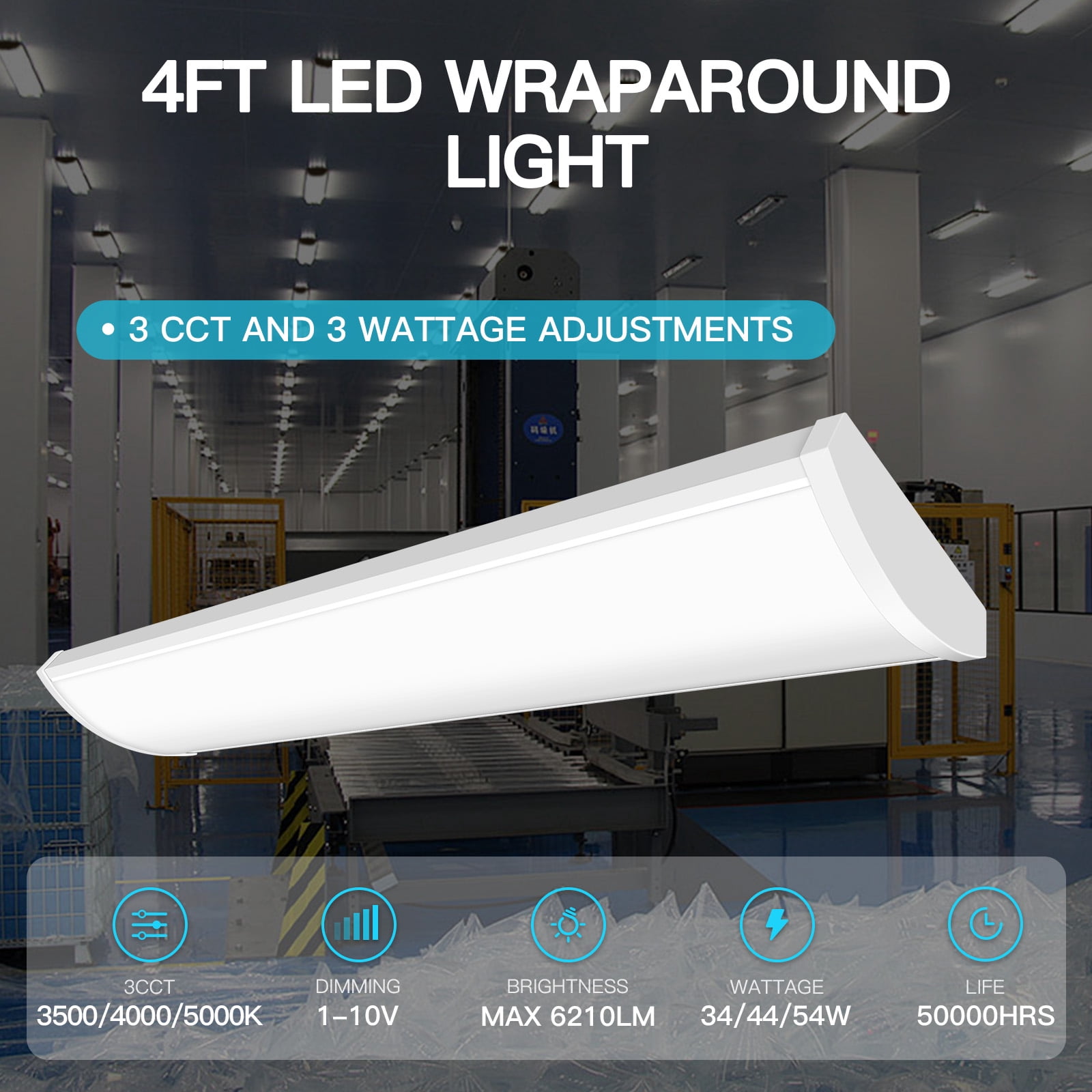 1 PK 4FT LED Wraparound Light,48 inch Garage Lights Ceiling, 54W, 6210LM, 3500/4000/5000K, 120-277V Commercial Electric 4FT Led Light Fixtures for Garage,Laundry Room,Warehouse,Closet,Shop,UL & DLC