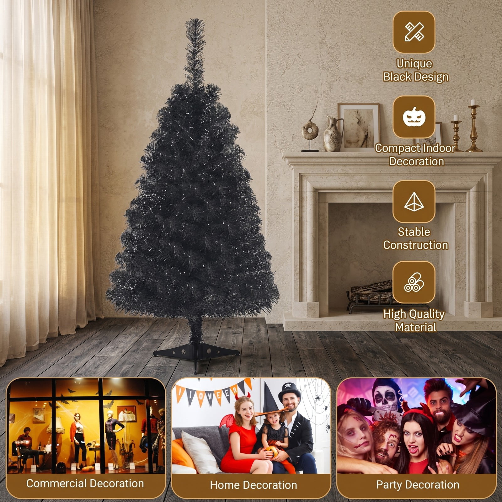 RUIE 3 Foot Unlit Artificial Christmas Tree, Mini Tabletop Halloween Xmas Pine Tree with Plastic Stand, 116 Branch Tips PVC Holiday Decor for Home Office Desk, Black
