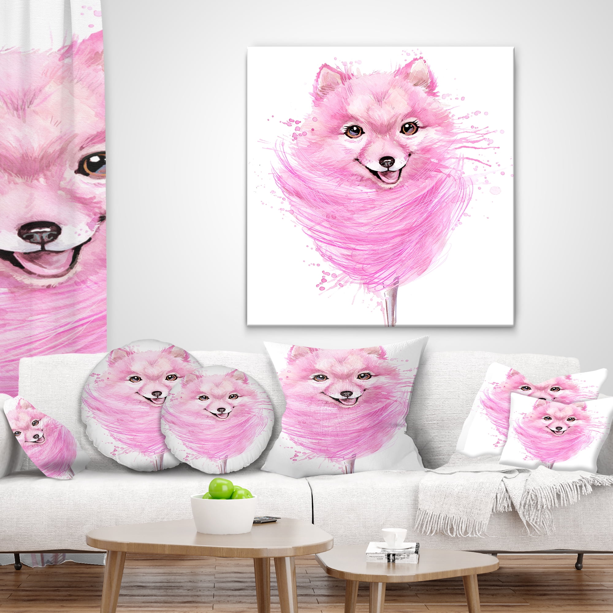 Designart Watercolor Pink Dog Illustration - Contemporary Animal Throw Pillow - 16x16