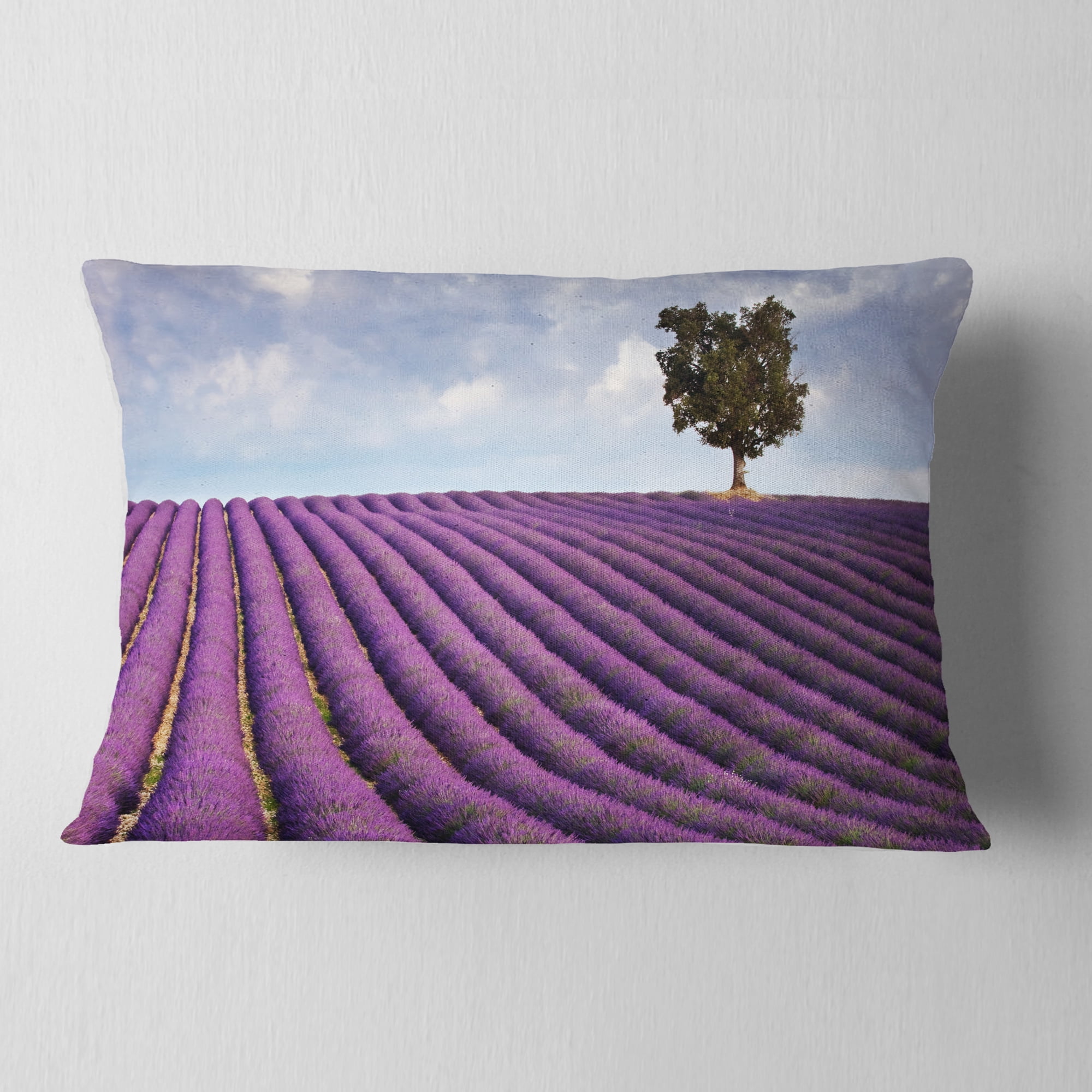 Designart Lone Tree in Provence Lavender Field - Landscape Printed Throw Pillow - 12x20