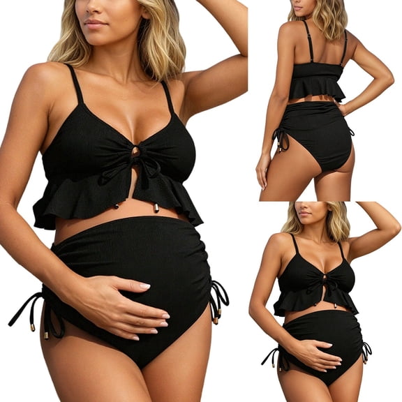 Maternity Swimwear For Low Back Swimsuit With Adjustable Drawstring And Metallic Detail For Pool Beach/Black/L