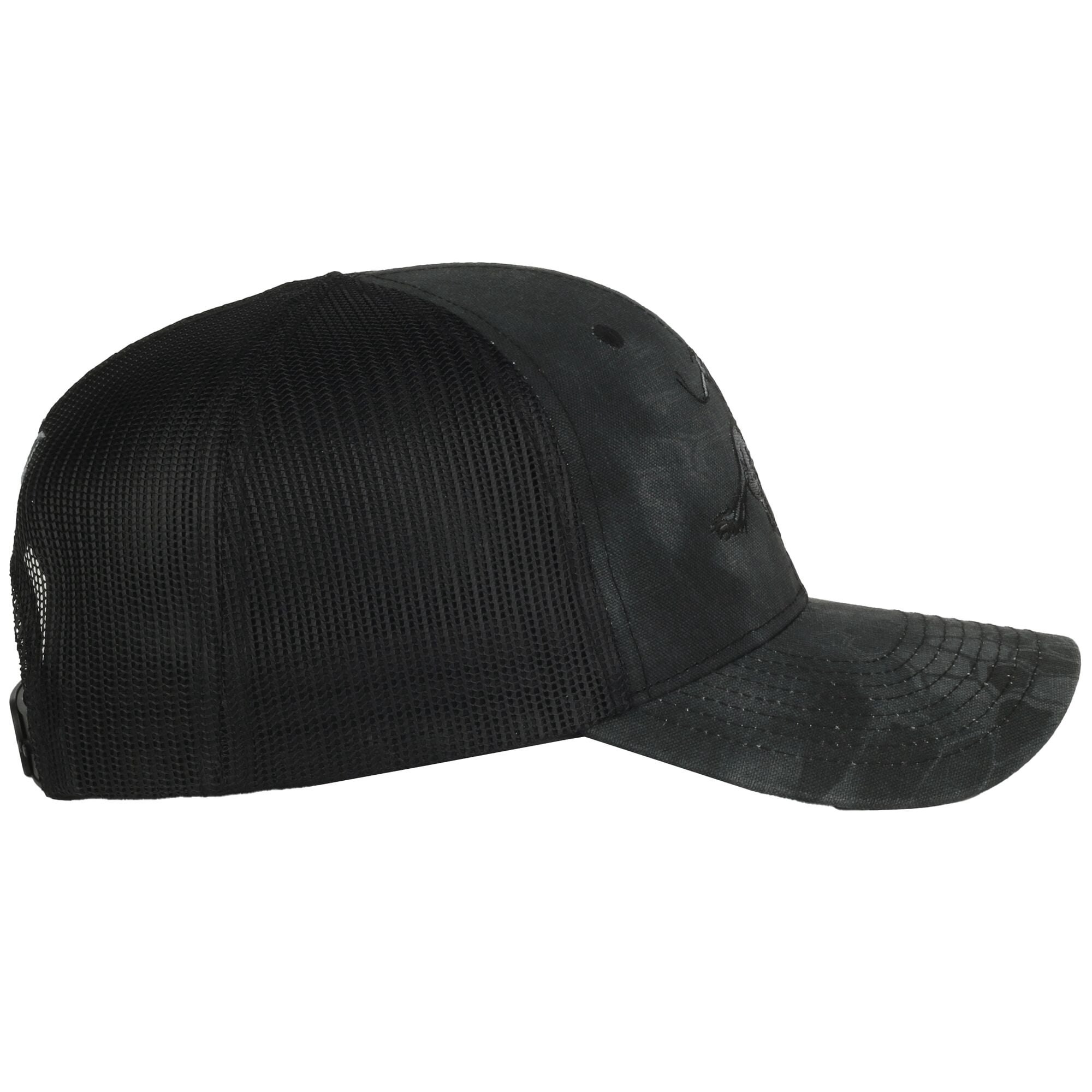 Adult Men's Winchester Kryptek Camo Hat: 6 panel Kryptek ® Typhon Camo, structured front panels, meshback panels, low profile crown, slightly pre-curve visor, adjustable single row snap closure cap.