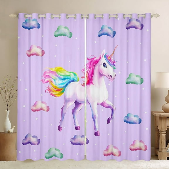 Erosebridal Purple Unicorn Curtains for Living Room,Kawaii Animal 30%-50% Blackout Curtains Set of 2 (38x45),Polka Dots Curtains and Drapes (38x45),Cartoon Bedroom Decorative