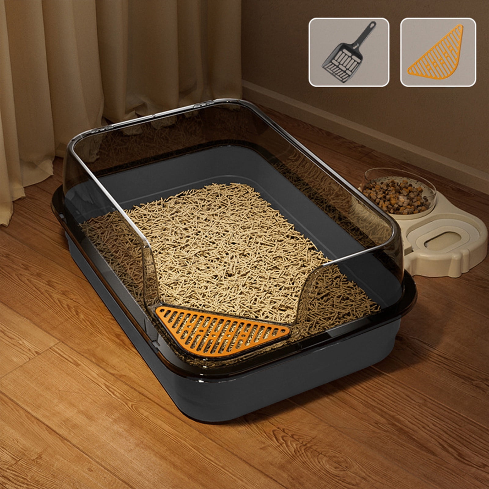 kcavykas Semi-Enclosed Cat Litter Box with Shovel, High-Sided Splash Proof Design, Black/Gray/Yellow/Green/White Plastic, 17.7x11.8x6.6in, Spacious, Easy Clean, 1 Set