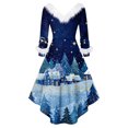 thumbnail image 3 of Women's Fashionable Casual Fitted Christmas Print Party Long-Sleeved V-Neck Hair Collar Dress for Holiday Parties and Events,Blue,XL, 3 of 5