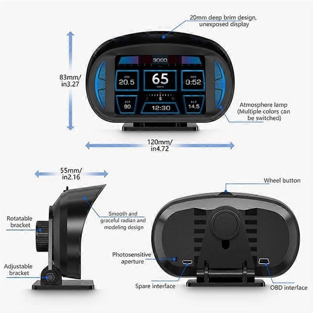 P2 Car HUD Head-Up Display OBD GPS Vehicle Speed and Gradient Meter Water Temperature and Fuel Consu