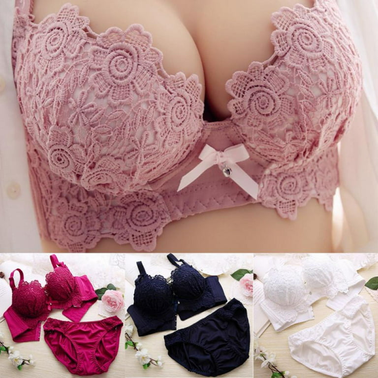 Wuffmeow Women Panties And Bralette Women Push Up Bra Set Sexy Lingerie  Underwear Embroidery Bralet Set,Pink,36B