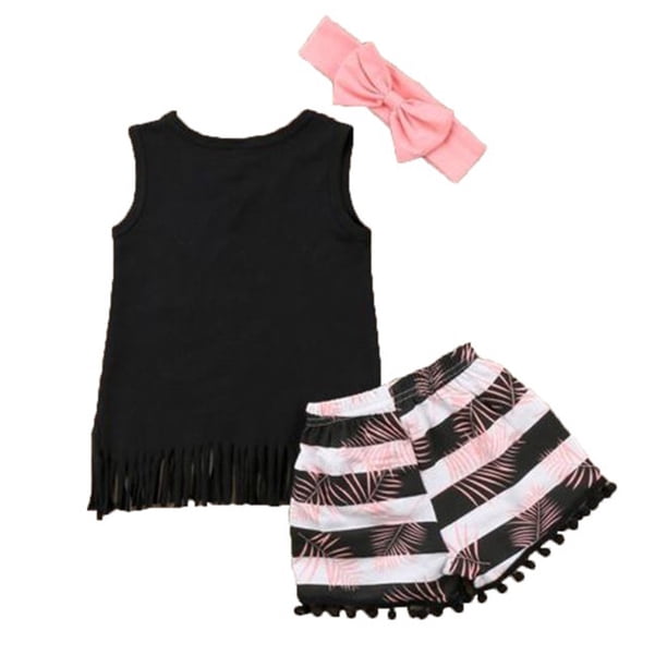 Minnieouse Traje de pantalones cortos para bebé, camiseta con estampado de letras, chaleco, borla, pantalones cortos, diadema conjuntos de ropa Negro 130cm