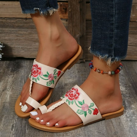 

〖Yilirongyumm〗 Beige 37 Sandals Women Fashion Summer Women Sandals Flat Lightweight Flower Embroidery Ethnic Style Beach Casual