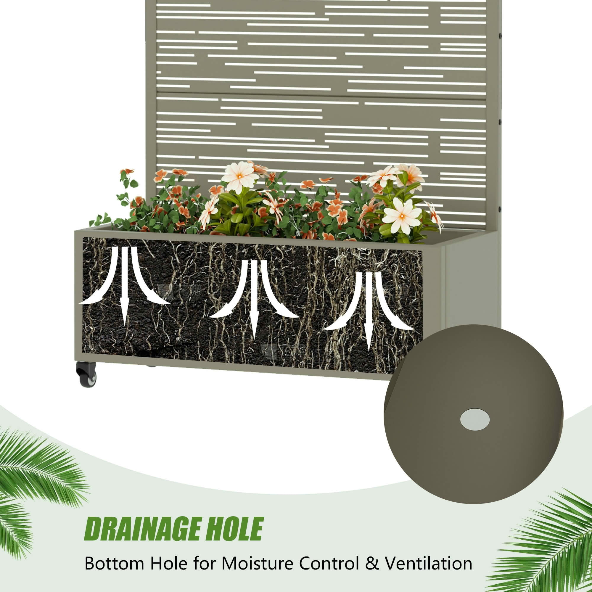 MAYEERTY 72X35" Metal Outdoor Olive Gray Privacy Screen with Planter Box for Backyard & Garden, 5 Piece Set