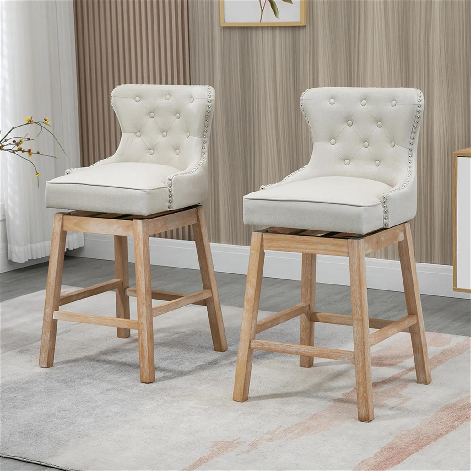 Demi Bonn Modern Memory Swivel Bar Stool Set of 4, Cushioned Bar 30" Seat Height Stool with Tufted Back, Nailhead-Trim and Solid Wood Legs, White