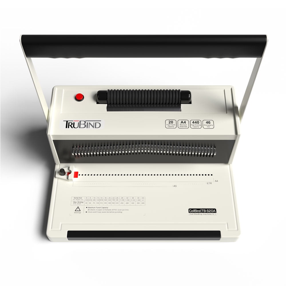 TB-S20A: TruBind Spiral Coil Spine Binding Machine with Electric Coil Spine Inserter, Manual Punch, Round Holes, 4:1 Pitch, White and Black