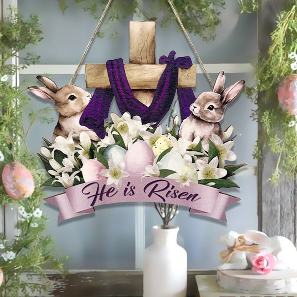 Decoraciones de Pascua, adornos de Pascua, exquisito colgante de emblema de crucifijo de lirio de conejito de Pascua, decoración colgante de madera que agrega calidez a la puerta de entrada y al porch