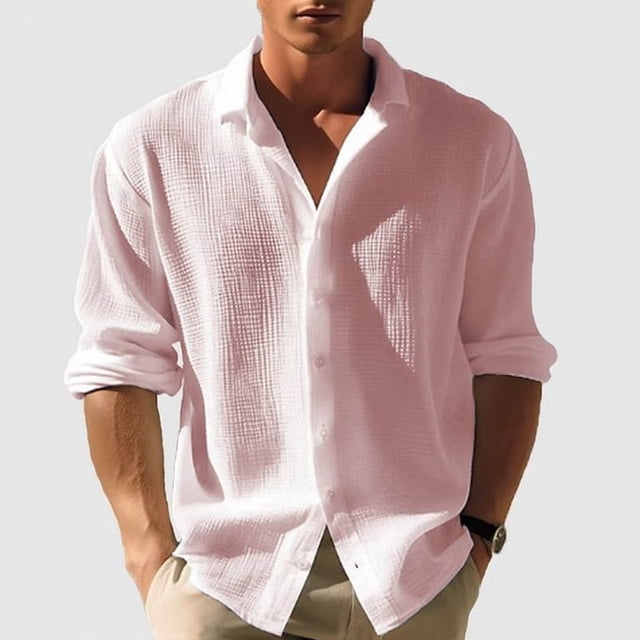 Blusa y camisa de manga larga con cuello vuelto para hombre, blusa holgada con botones y botones, color liso, tipo cárdigan, blusa de manga larga con cuello vuelto, blusa de poliéster para hombre