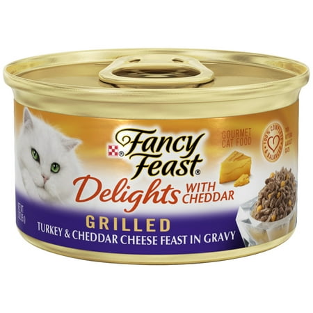 (24 Pack) Fancy Feast Delights Grilled Turkey & Cheddar Cheese Feast in Gravy Wet Cat Food, 3 oz.