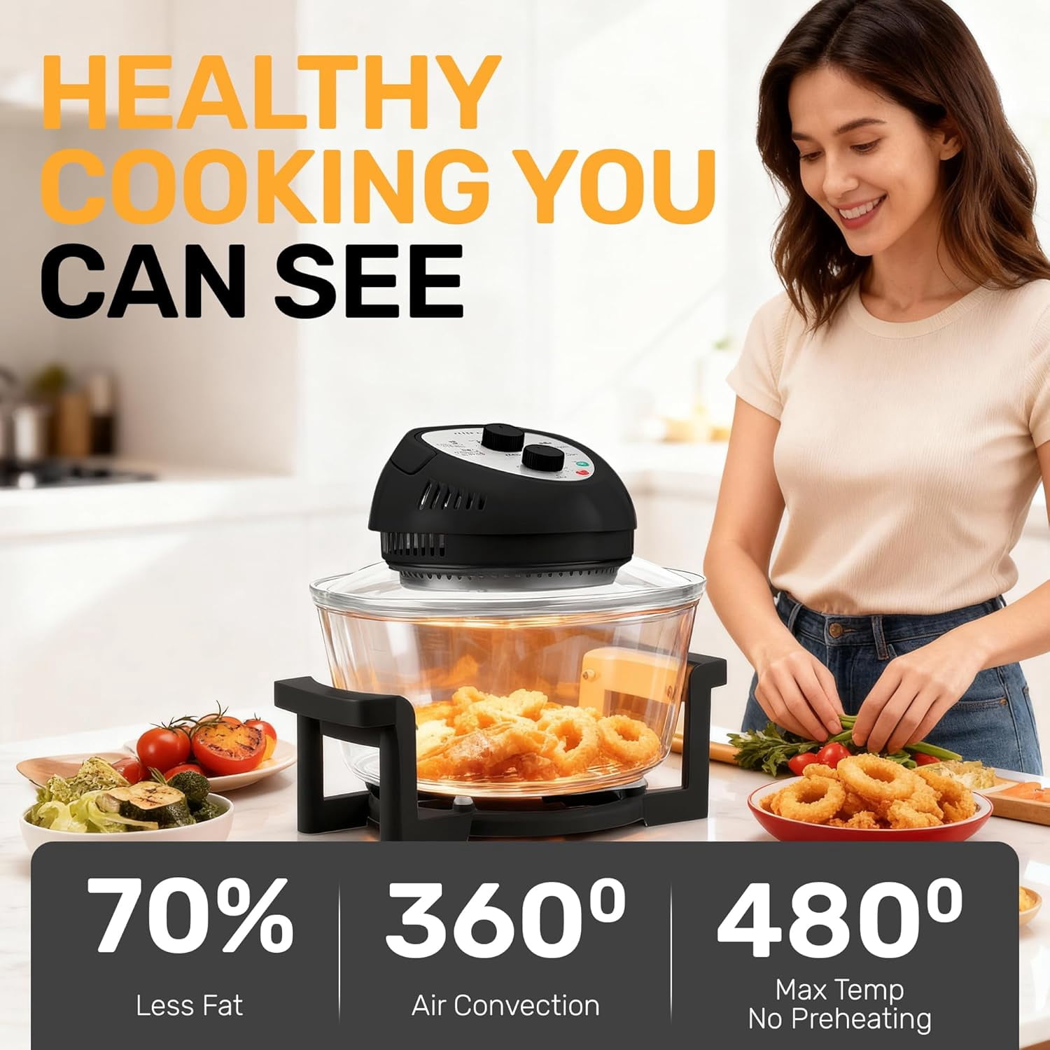 Granitestone Big Boss 16Qt Extra Large Glass Air Fryer Non Toxic – Family Sized 4 in 1 Cooker with 3 Cooking Sections, Stainless Steel Racks for French Fries, Chicken, Self Cleaning, Dishwasher Safe