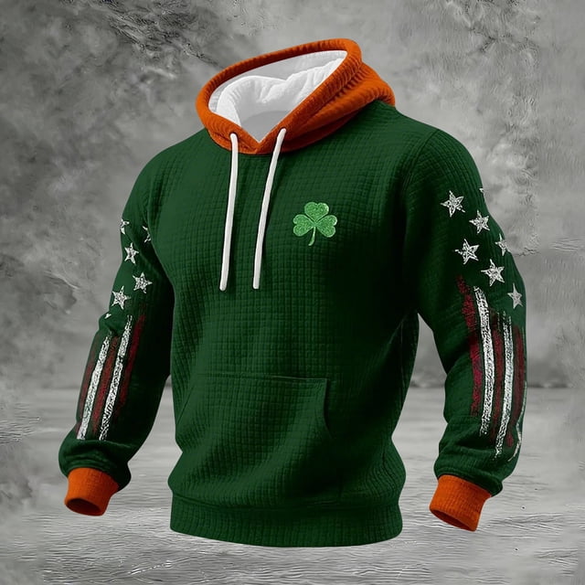 Ceisia Men's St. Patrick's Day EKG Four-Leaf Clover Hoodie | Waffle Knit Slim Long-Sleeve Casual Sweatshirt Gift
